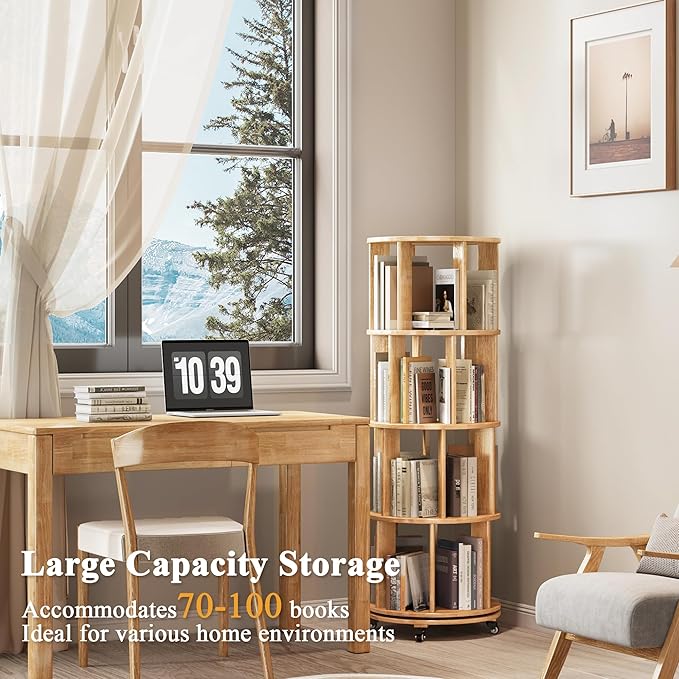 4 Tier Rotating Bookshelf Tower, 360 Spinning Bookcase Carousel with Lockable Wheels, Round Lazy Susan Organizer for Corner Bookshelf, Solid Wood Revolving Bookcase for Kids Room, Bedroom, Living Room