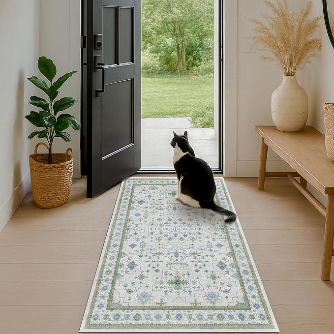 Blue and Green Washable Rugs for Living Room - 4x8 Vintage Boho Floral Pastel Cream, Washable Low Pile Non Slip Area Rug for Bedroom Beside Bed, Door Mat Indoor Entrance, Kitchen, Decor