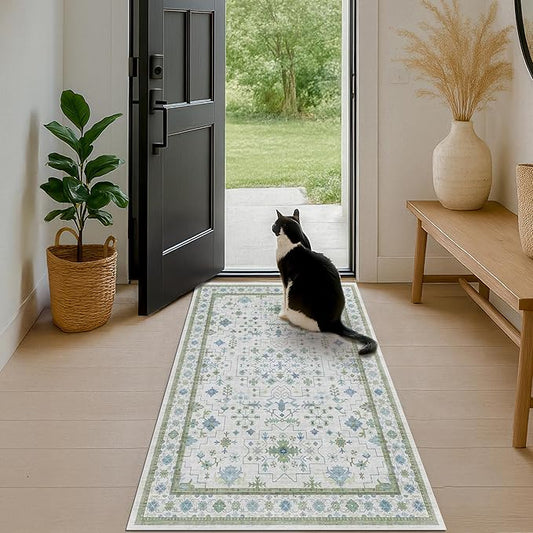 Blue and Green Washable Rugs 3x6 - Vintage Boho Floral Pastel Cream, Washable Low Pile Non Slip Small Throw Accent Area Rug for Entry Way, Laudry Room, Kitchen, Bedroom Beside Bed Decor