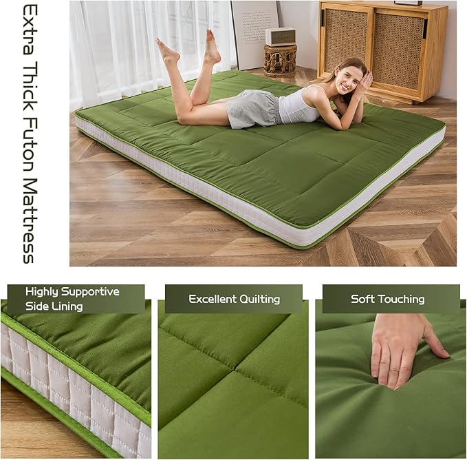MAXYOYO Futon Mattress, Padded Japanese Floor Mattress Quilted Bed Mattress Topper, Extra Thick Folding Sleeping Pad Breathable Floor Lounger Guest Bed for Camping Couch, Green, Queen