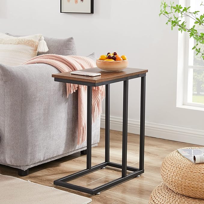 VECELO C Shaped End Side Table for Sofa Couch and Bed Snack TV Tray for Living Room Bedroom, 2 Set, Brown