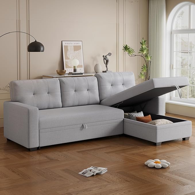 Ball & Cast L-Shape Convertible Sectional Sleeper Sofa Bed 4 in 1 Pull Out Couch with Reversible Storage Chaise & Removable Back Cushions,Sleeper Corner Couch Pull Out Sofa Bed for Living Room,Office