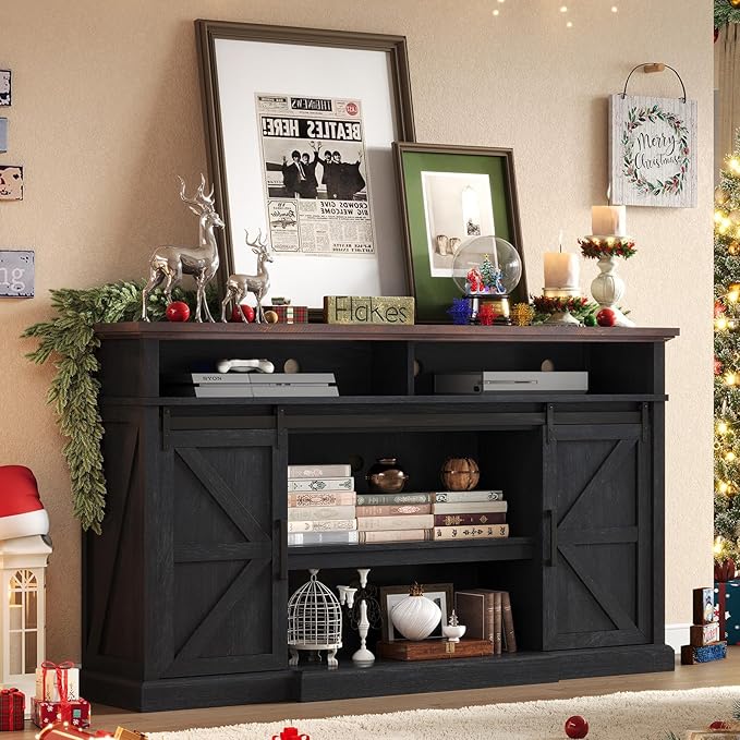 66" Farmhouse TV Stand with Sliding Barn Doors, 40" Tall Entertainment Center for 75 Inch TVs, Rustic Media Console Table Storage Cabinet w/Soundbar & Adjustable Shelves, Living Room, Dark Gray