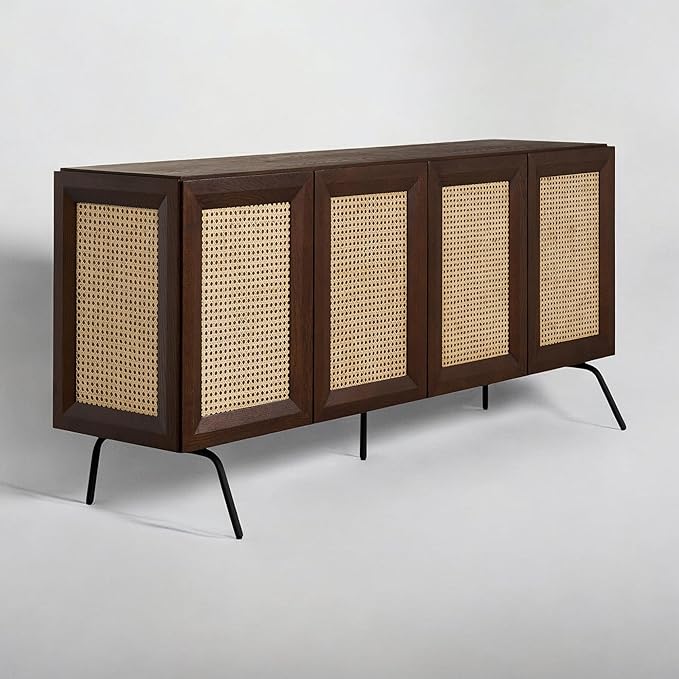 NTC MOSSIC Modern Sideboard with 4 Doors, Natural Rattan Storage Cabinet, Buffet with Metal Legs, Boho Accent Cabinet for Living Room, and Entryway, Effortless Assembly - Dark Walnut