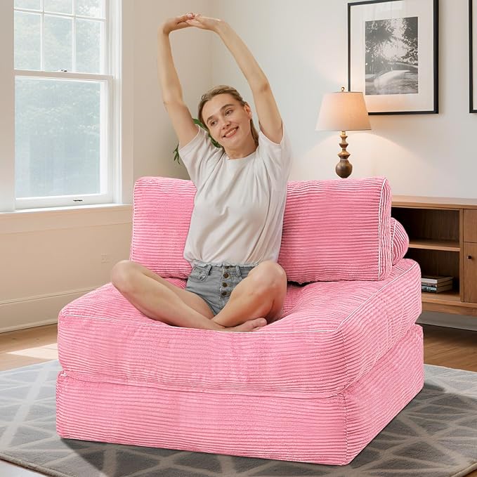 HABUTWAY Folding Sofa Bed, Convertible Sleeper Chair Bed w/Dual-Pillow & Handle, Foldable Floor Sofa Lounge w/Back Support for Living Room, Bedroom, Apartment, Office, Pink