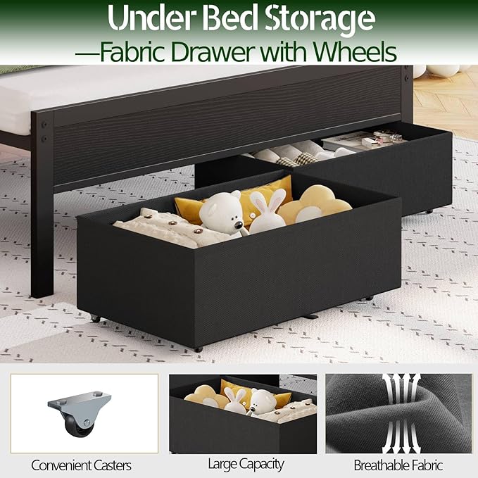 Furnulem Full Size Bed Frame with Charging Station and LED Lights, Grey Upholstered Headboard with Shelves, Metal Platform Bed with 2 Under-Bed Storage (Fabric Drawer on Wheels), No Box Spring Needed