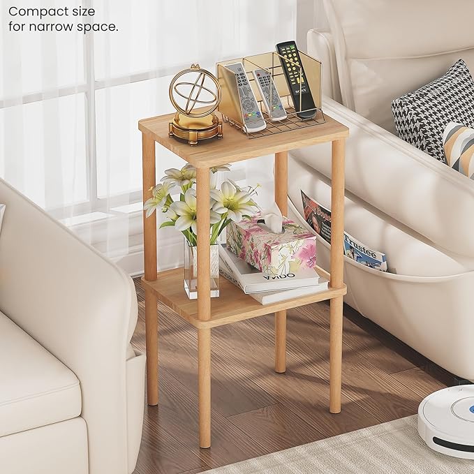 Solid Wood Side Table, 2-Tier Small End Table with Storage Shelf, Tall Nightstand Bedside Table for Bedroom, Living Room, Kids Room & Small Spaces. No-Tool Assembly.