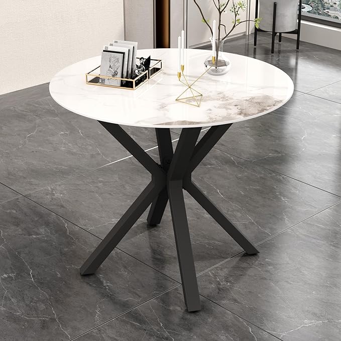 Round Marble Dining Table for 2-4 with Metal Legs, 31.5 Inch Modern Small Sintered Stone Kitchen Table for Kitchen Dining Room (White)
