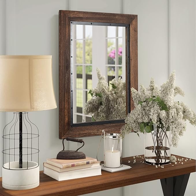 YOSHOOT Rustic Wooden Framed Wall Mirror, 48"x30", Natural Wood and Iron Bathroom Vanity Mirror for Farmhouse Decor, Vertical or Horizontal Hanging