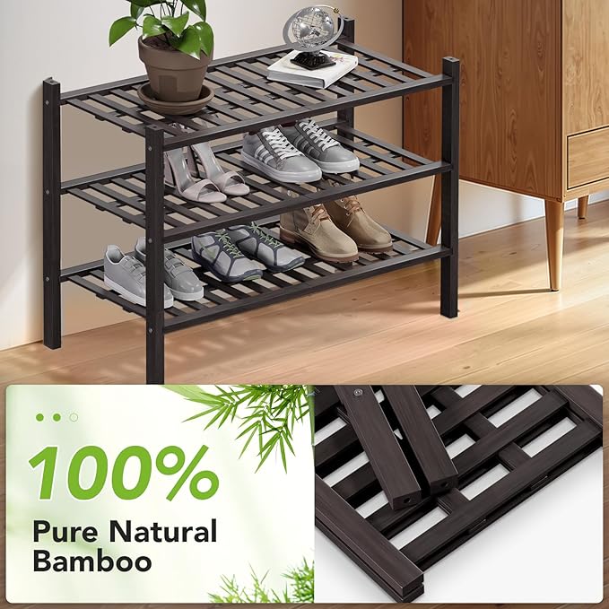 Haddockway 3 Tier Bamboo Shoe Rack Storage Organizer, Multifunctional Free Standing Stackable Shoe Shelf with Grid Panel for Closet,Hallway,Entryway,Small Space 27"x11"x20" (Brown, 3 Tier)