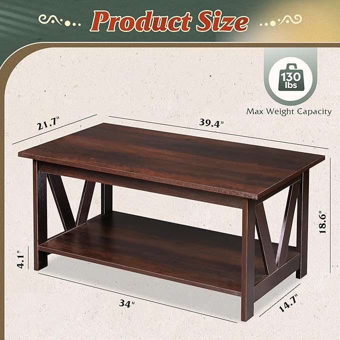 WLIVE Coffee Table with Storage Shelf, 39.4" Farmhouse Coffee Table with V-Frame Support, 2-Tier Wood Rustic Center Table for Living Room, Bedroom & Balcony, Espresso