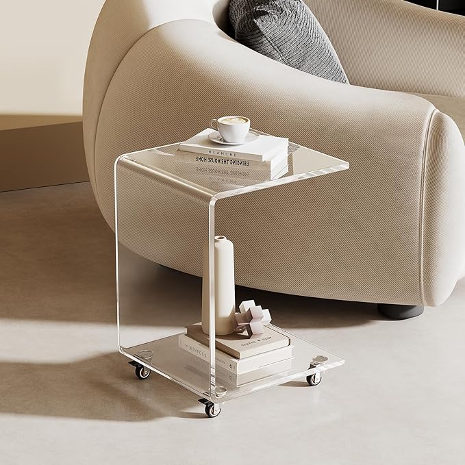 Modern Acrylic Side Table, C-Shaped Sofa Table Nightstand with Storage and Lockable Wheels for Living Room, Bedroom, Office, Bedside, Couch, 13.38" D x 14.17" W x 21.65" H