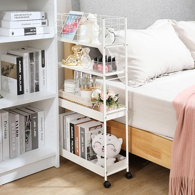 KINGRACK Slim Storage Cart, 4-Tier Metal Utility Rolling Cart with Wheels, Narrow Mobile Shelving Unit, Bathroom Storage Organizer, for Office, Kitchen Bathroom, Laundry Room, Narrow Places, White