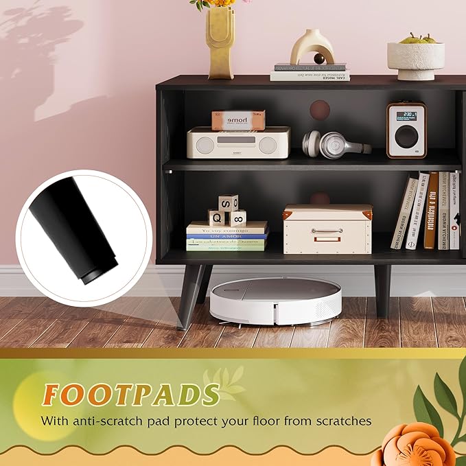 WLIVE TV Stand for 43 Inch TV, Small Entertainment Center with Storage Cabinet & Adjustable Shelves, Mid-Century Modern TV Stands for Living Room and Bedroom, 32" TV Console, Black