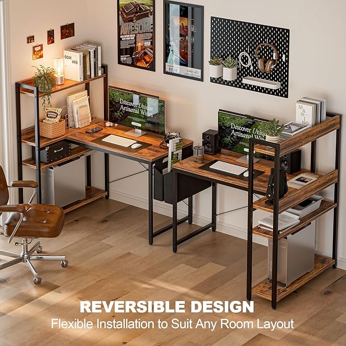 40 Inch L Shaped Computer Desk with Reversible Storage Shelves, Home Office Corner Desk Study Writing Table with Hutch, Study, Rustic Brown