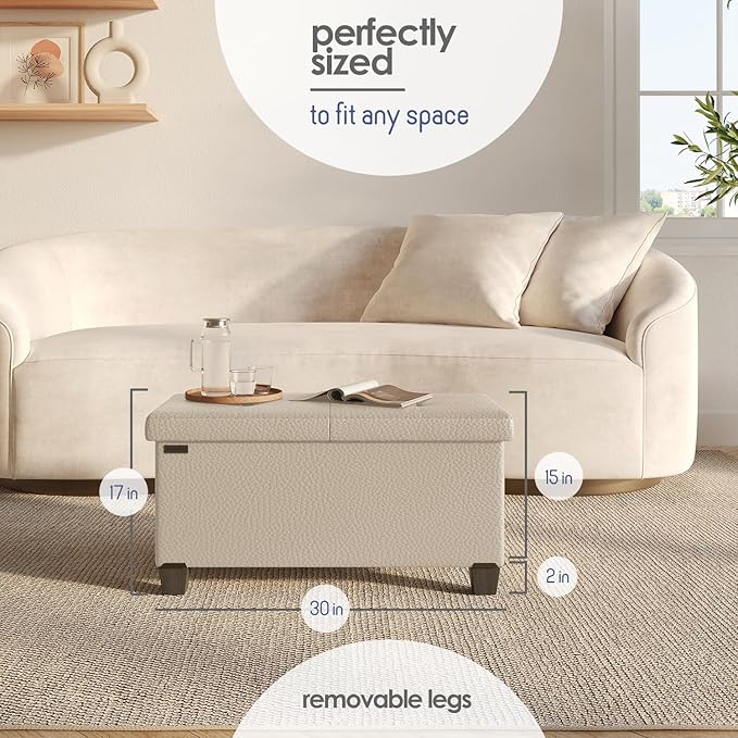 STORAGEBUD Storage Ottoman Bench with Bins, 30-in Storage Bench for Bedroom End of Bed, Folding Foot Rest Ottoman for Living Room Max 660lbs, Faux Leather Ottomans, Beige