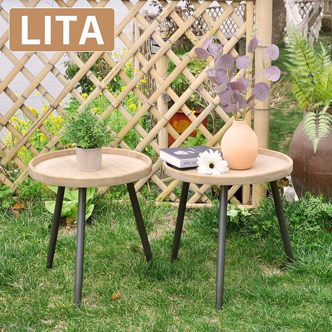 LITA 2 Pcs Round Side End Table, Nightstand Tables, Log Desktop, Wooden Tray Table with Black Metal Stand End Table for Living Room Bedroom Office Small Spaces (M)