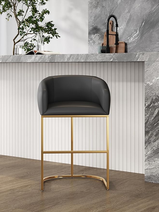 Manhattan Comfort Louvre 26 Inch Mid Century Modern Counter Height Bar Stools - Elegant Faux Leather Padded Seat, Stainless Steel Base with Footrest, Fully Assembled Barstools, Set of 1, Grey