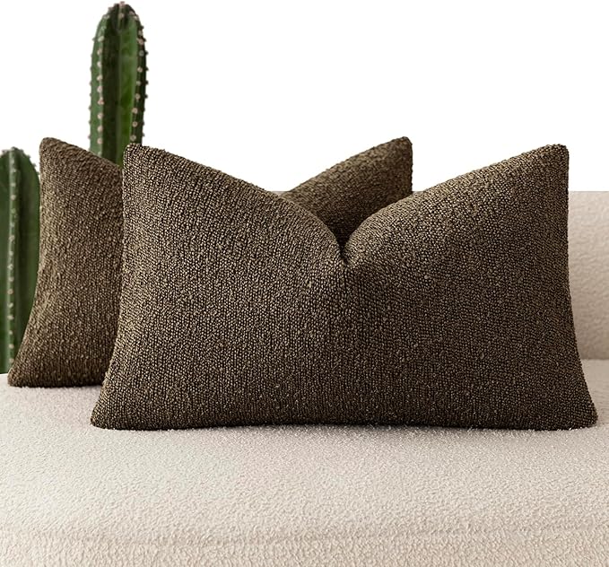 Foindtower Pack of 2 Textured Boucle Throw Pillow Covers Accent Solid Decorative Lumbar Pillow Cases Cozy Couch Cushion Case for Chair Sofa Bedroom Living Room Home Decor 12x20 Inch Chocolate