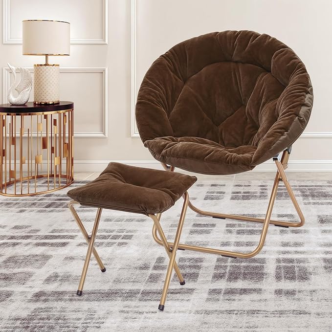 MoNiBloom Round Folding Faux Fur Saucer Chair for Bedroom Living Room Dorm Foldable Metal Frame Oversized Large Comfy Furry Padded Soft Cozy Moon Chair with Footrest Ottoman for Adults (Brown)
