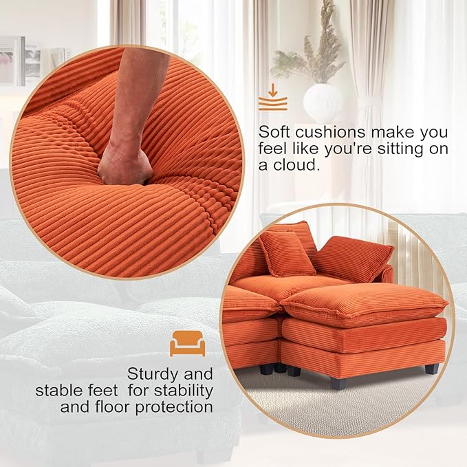 Furniliving Oversized Accent Chair with Ottoman, Luxury Corduroy Single Sofa, Upholstered Deep Seat Chaise Lounge with Pillows for Living Room, Bedroom, Apartment, Orange