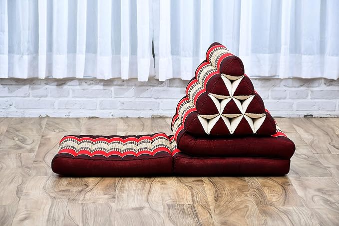 Leewadee - Comfortable Japanese Floor Mattress - Thai Floor Bed with Triangle Cushion - Futon Mattress - Thai Massage Mat, 67 x 21 inches, Red, Kapok Filling