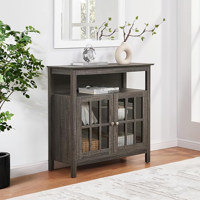 Convenience Concepts Big Sur Highboy TV Stand 36" - Modern Entertainment Center For TVs up to 40", Storage Cabinet for Dining, Living Room, & Entryway, Console Hall Table with Shelves, Weathered Gray
