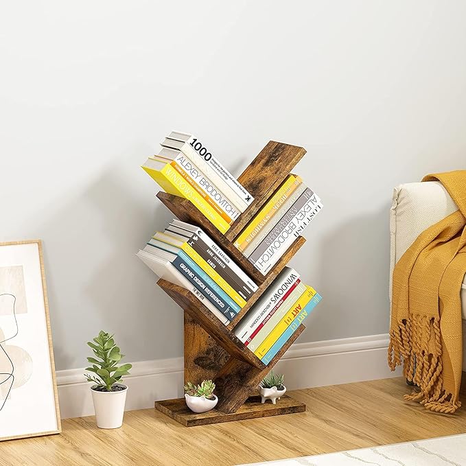Hoctieon 4 Tier Tree Bookshelf, 4 Shelf Bookcase, Modern Book Storage, Free Standing Tree Bookcase, Utility Organizer Shelves for Home Office, Living Room, Bedroom, Rustic Brown