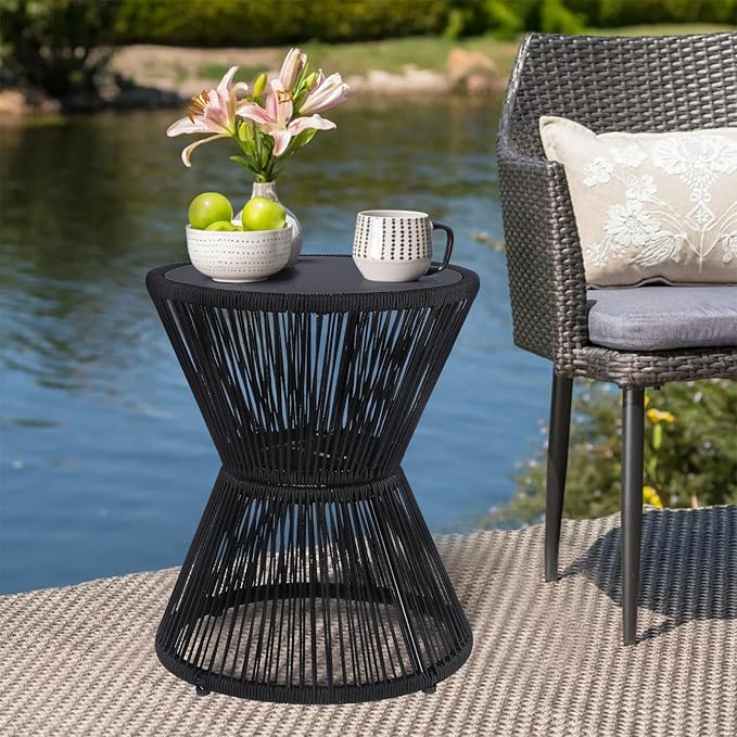 LEWIS&WAYNE Small Outdoor Side Table Patio 20’’ H Woven Rope Hourglass End Table with Glass Top Round Coffee Table for Living Room Outdoor Patio Backyard Poolside(Black)