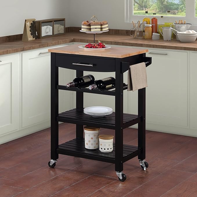 Convenience Concepts Ellaine 4 Tier Kitchen Cart with Drawer and Wine Rack, 24.75", Black/Butcher Block