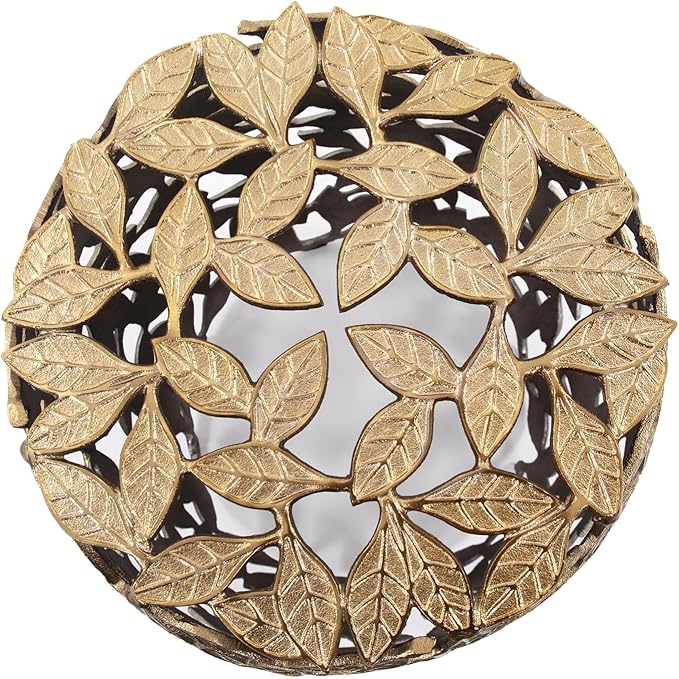 Howard Elliott Olive Leaf Round Side Table & Stool, Unique Bronze Finish Cast Aluminum Bedside Table, Modern Accent Decoration Side End Table for Living Room, Balcony & Bedroom, 17 x 16.25 Inch