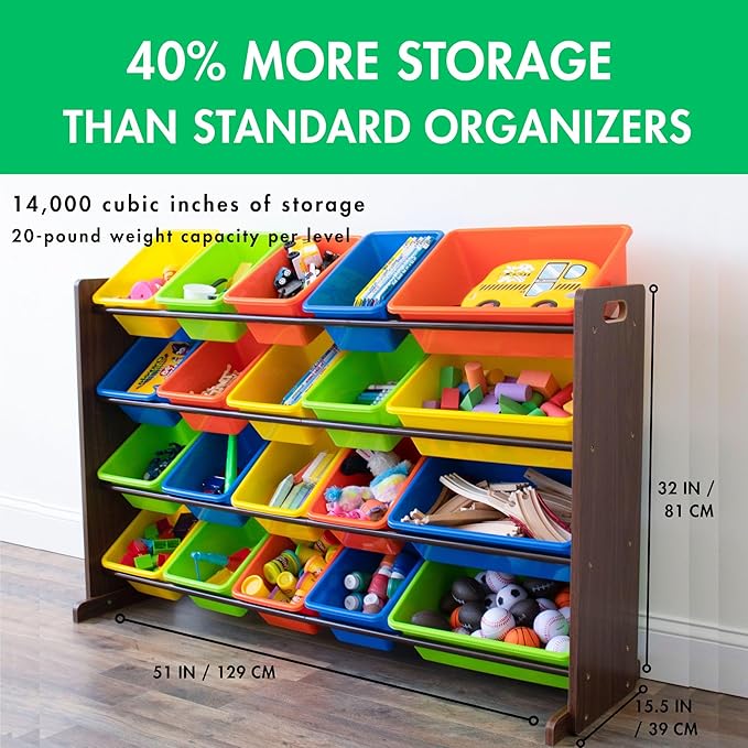 Humble Crew Extra-Large Toy Organizer with 20 Plastic Bins – Dark Walnut/Neon Storage Rack with 4-Tier Shelves, Anti-Tip Safety, for Kids’ Rooms, Playrooms, Nurseries & Classrooms