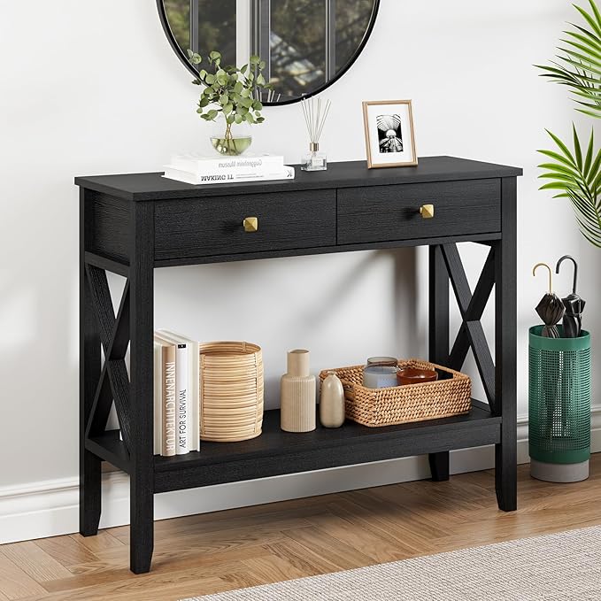 Console Table,Sofa Table 13.8" D x 39.37" W x 31.5" HEntryway Table with 2 Drawers Storage Shelve Foyer Table for Entryway Farmhouse Hallway Tables (Black)