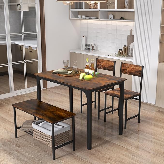 Giantex Dining Table Set for 4, Kitchen Table with Bench and Chairs, Industrial Gathering Bench Dining Set W/Metal Frame & Storage Rack, Dinette Set, Modern Functional Desk Set (Coffee)