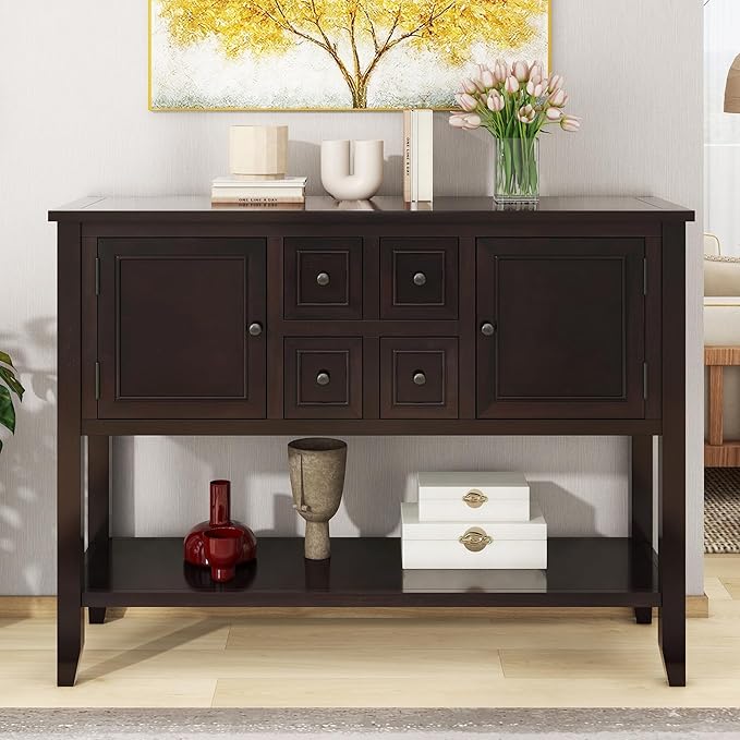 Merax Wood Farmhouse Buffet Table with Storage Shelf, 2 Drawers and Cabinets Buffet Coffee Bar Cabinet for Living Room Dinning Room Kitchen, Espresso