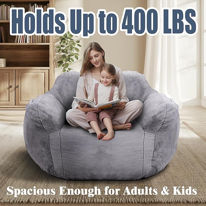 Large Bean Bag Chairs for Adults - Oversized Memory Foam Filled Bean Bag Sofa | Fluffy Adult Bean Bag Chair, Big Bean Bag Chairs for Living Room, Bedroom & Dorm - Gray