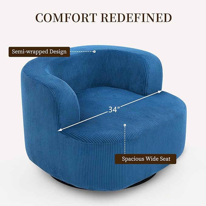 Furnimart 360° Swivel Barrel Accent Chair Set of 2, Round Upholstered Comfy Lounge Chair, Corduroy High-Resilienc Foam Single Sofa, No Assembly Wide Seat for Living Room, Bedroom, Apartment (Blue)