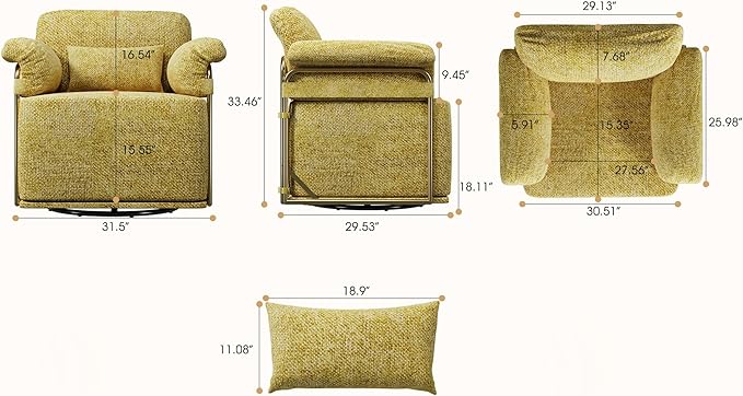 KEIKI Modern Comfy Swivel Accent Reading Chair with Waist Pillows, 360°Square Upholstered Barrel Armchair Single Club Lounge Sofa Chairs for Living Room,Bedroom,Office,Yellow