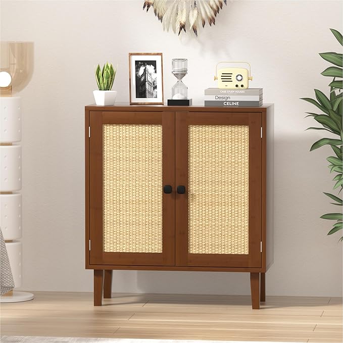 Bamboo Sideboard Buffet Cabinet with Rattan 2 Doors Kitchen Cupboard Accent Entryway Living Room Cabinet Chestnut Brown