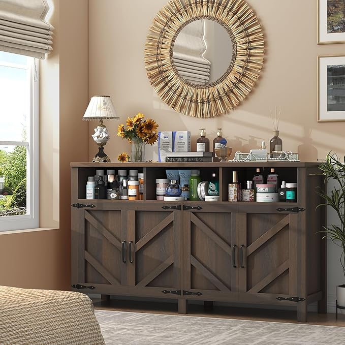 Buffet Sideboard with Storage Farmhouse with 4 Doors, 55'' Large Kitchen Storage Cabinet Wood Coffee Bar Cabinet Buffet Table with Shelves for Kitchen, Dining Room, Entryway (Brown, 55in)