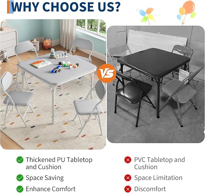 GarveeHome 5-Piece Kids Folding Table and Chairs Set, Toddlers Children's Activity Table and Chairs Set for Dining Room,Daycare,Classrooms
