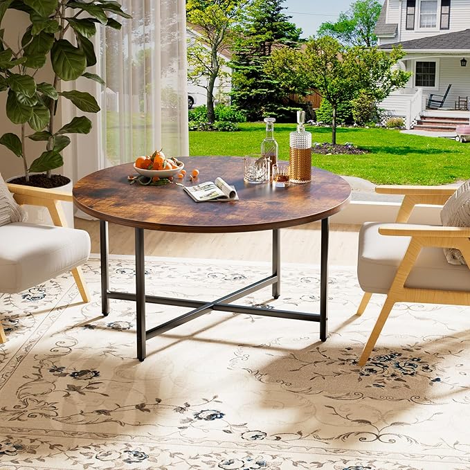 Round Coffee Table, 31.5" Circle Coffee Table，Modern Round Coffee Tables Living Room, Large Coffee Table Round for Indoor & Outdoor Use, Office, Patio or Garden, Rustic Brown (31.5" D*17.7" H)