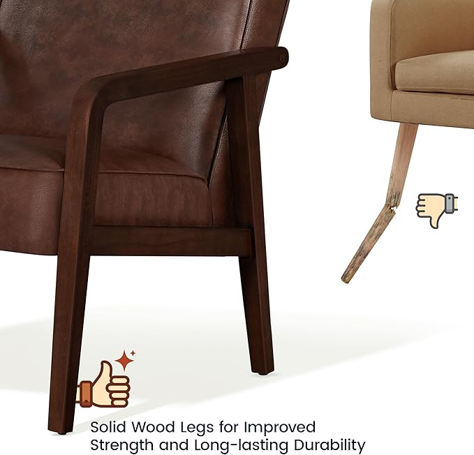Yaheetech PU Leather Accent Chair, Mid-Century Modern Barrel Chair with Wooden Frame and Soft Thick Padded for Living Room Bedroom Home Office, Dark Brown