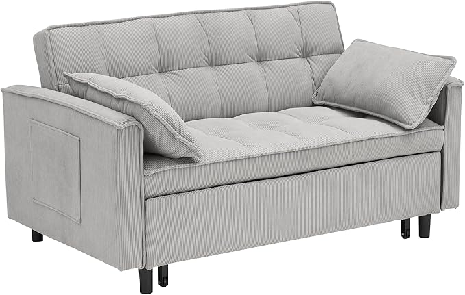 Ball & Cast Convertible Sofa Bed,Pull Out Loveseat Sleeper Sofa,Convertible Pull Out Couch W/2 Pillows,Adjustable Backrest & Side Pocket,Corduroy Futon Couches for Living Room,Apartment,Light Gray,54"