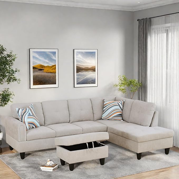 L Shaped Sectional Couches, Modern Modular Sectional Sofa for Living Room Bedroom Furniture, Cozy 4 Seat Couch with Ottoman Storage & Chaise, Gray White
