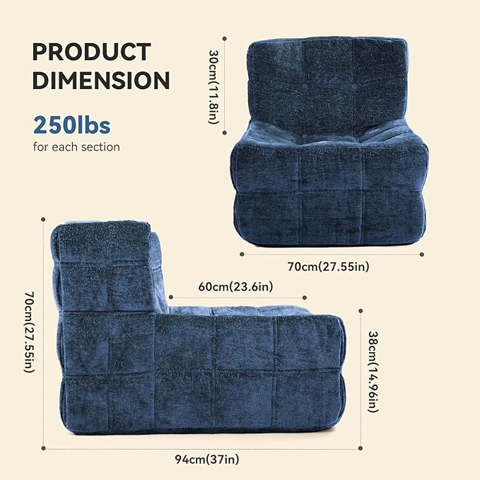 Bean Bag Chair, Soft Chenille Pre-Filled Lazy Chair Floor Sofa Bean Bag Chair for Adults and Teens, Accent Chair for Living Room Bedroom Apartment (Dark Blue)