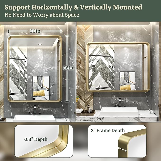 TokeShimi Gold Bathroom Mirror for Wall 30 x 36 Inch Metal Rounded Corner Rectangle Mirror Metal Frame Deep Set Design Hangs Horizontal Or Vertical