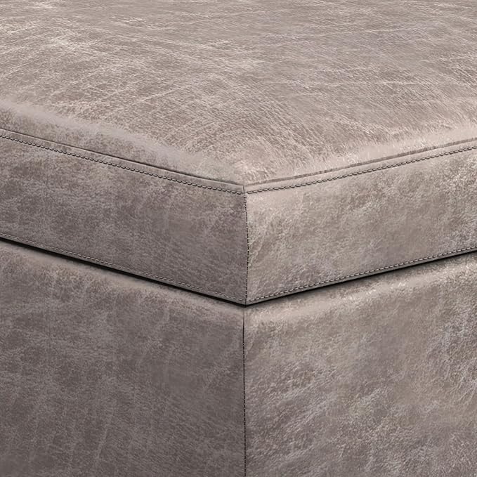 SIMPLIHOME Owen 48 inch Wide Mid Century Modern Rectangle Rectangular Storage Ottoman in Distressed Grey Taupe Vegan Faux Leather, Assembled, for the Living Room, Entryway and Family Room