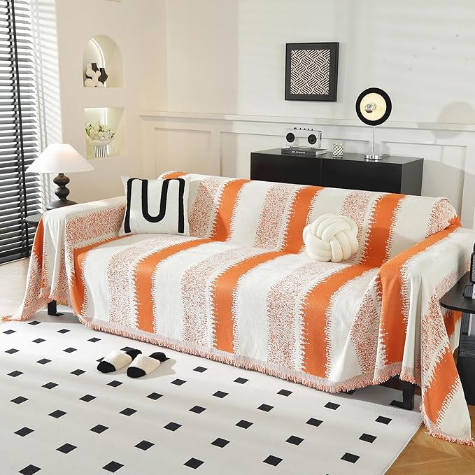 LUFEIJIASHI Boho Couch Covers for Sofa Non Slip Sofa Covers Washable Couch Covers for 3 Cushion Couch Sofa Pet Friendly Sectional Couch Cover Blanket Furniture Protector for Dogs (Orange, 91"x118")