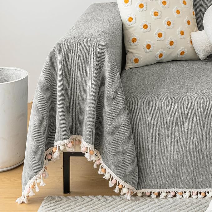 HANDONTIME Couch Slipcovers for Sofas - Dark Grey Boho Pet Couch Protector with Tassel - Chenille Herringbone 3 Seat Cover, 91" X150